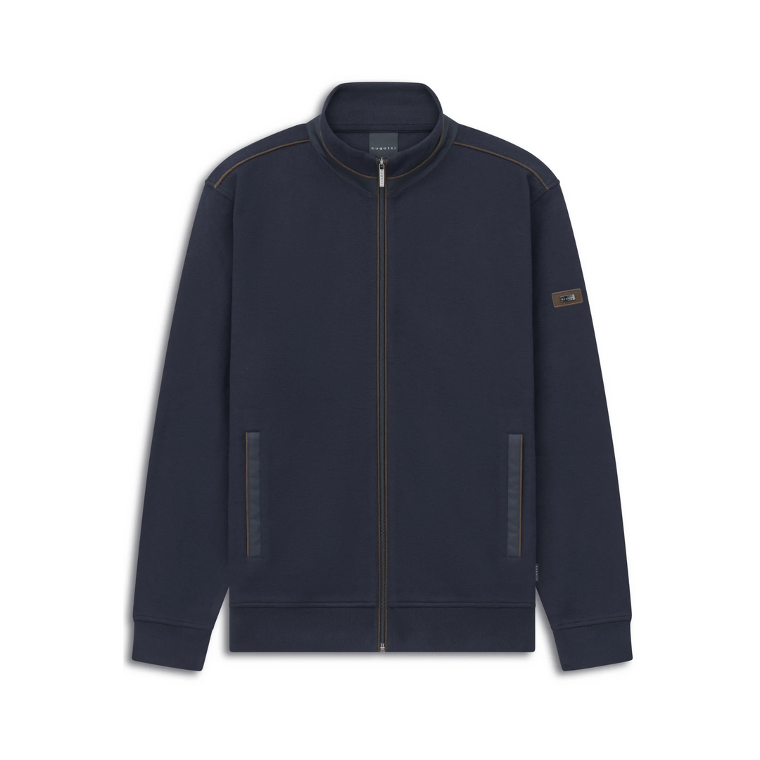 Navy zip-up sweatshirt with stand collar, front pockets, and logo patch on sleeve
