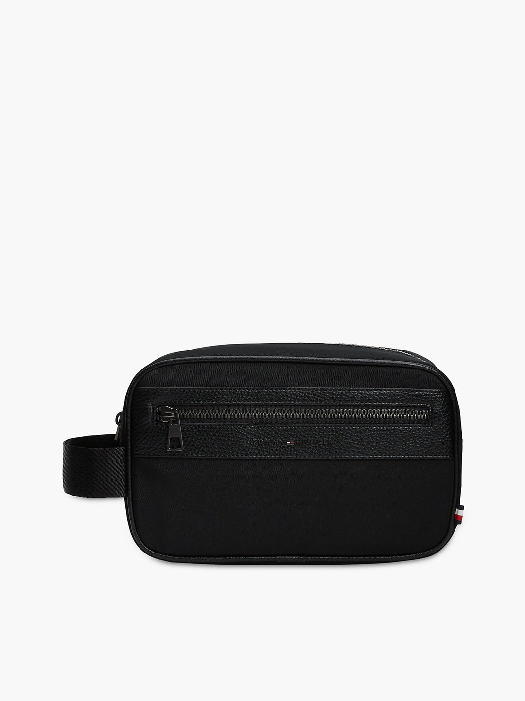Black wash bag with TOMMY HILFIGER REPREVE logo, top zip, and carry strap
