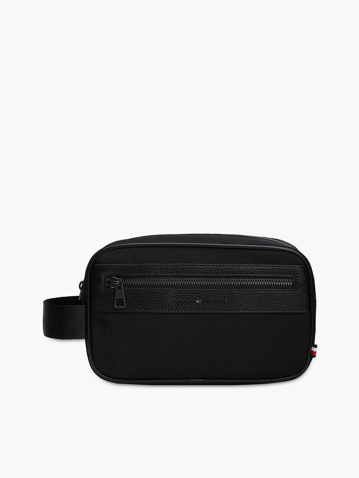 Black wash bag with TOMMY HILFIGER REPREVE logo, top zip, and carry strap