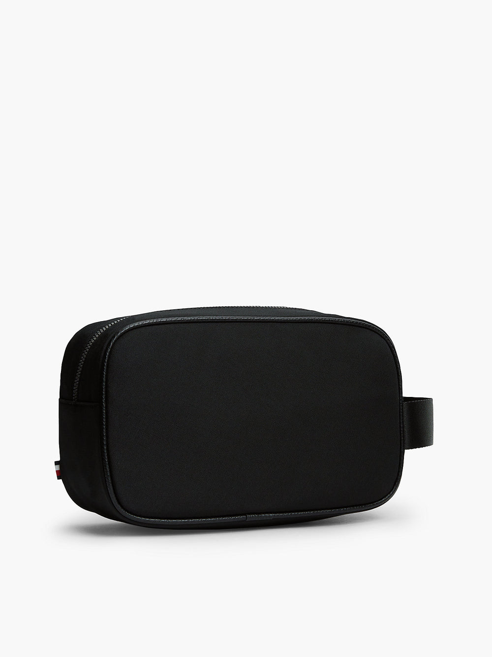 Black oval wash bag with top zip closure and side carry strap