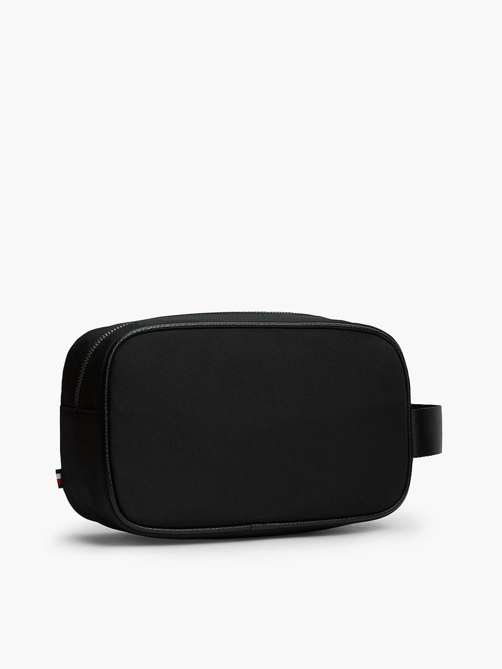 Black oval wash bag with top zip closure and side carry strap