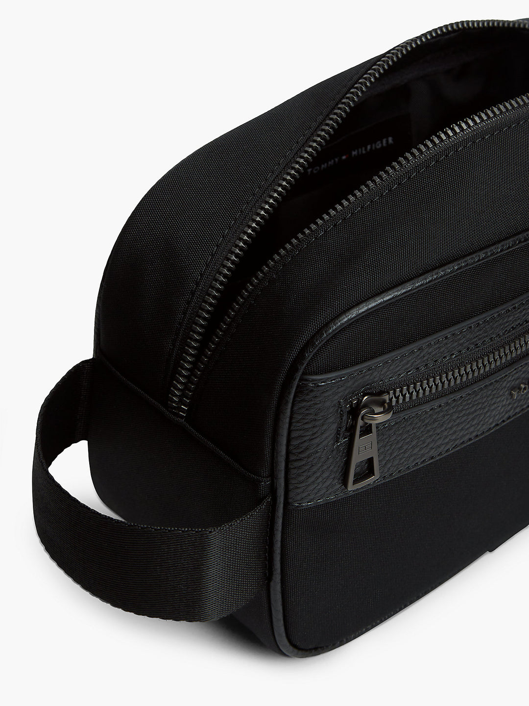 Black TOMMY HILFIGER REPREVE wash bag with zip opening and front logo panel