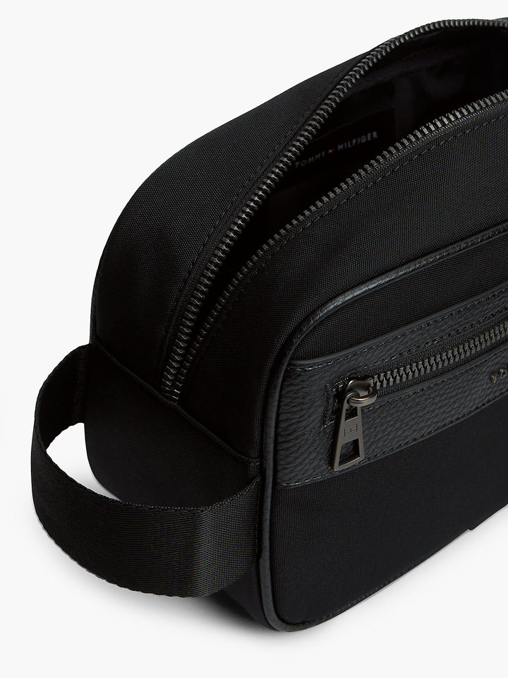 Black TOMMY HILFIGER REPREVE wash bag with zip opening and front logo panel