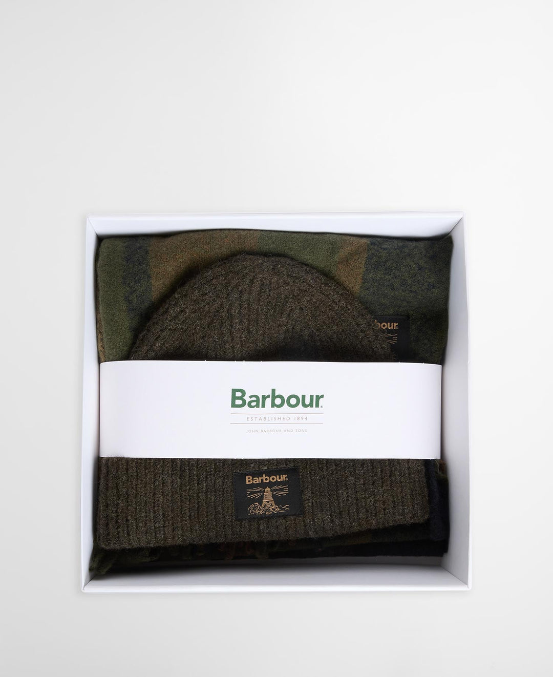 Beanie and scarf set in gift box, dark check knit with Barbour branding