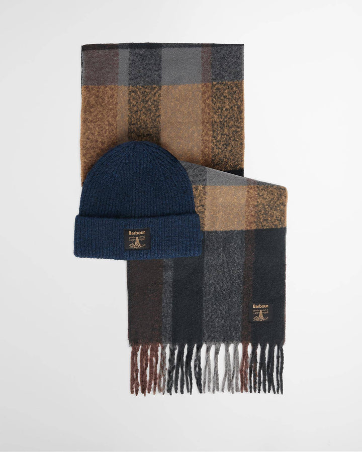 Navy knit beanie and plaid scarf with fringe
