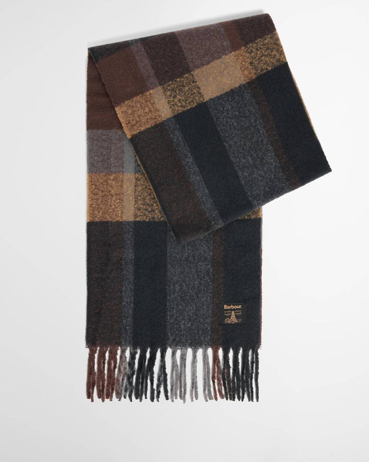 Plaid knit scarf with fringe, dark brown and black tones