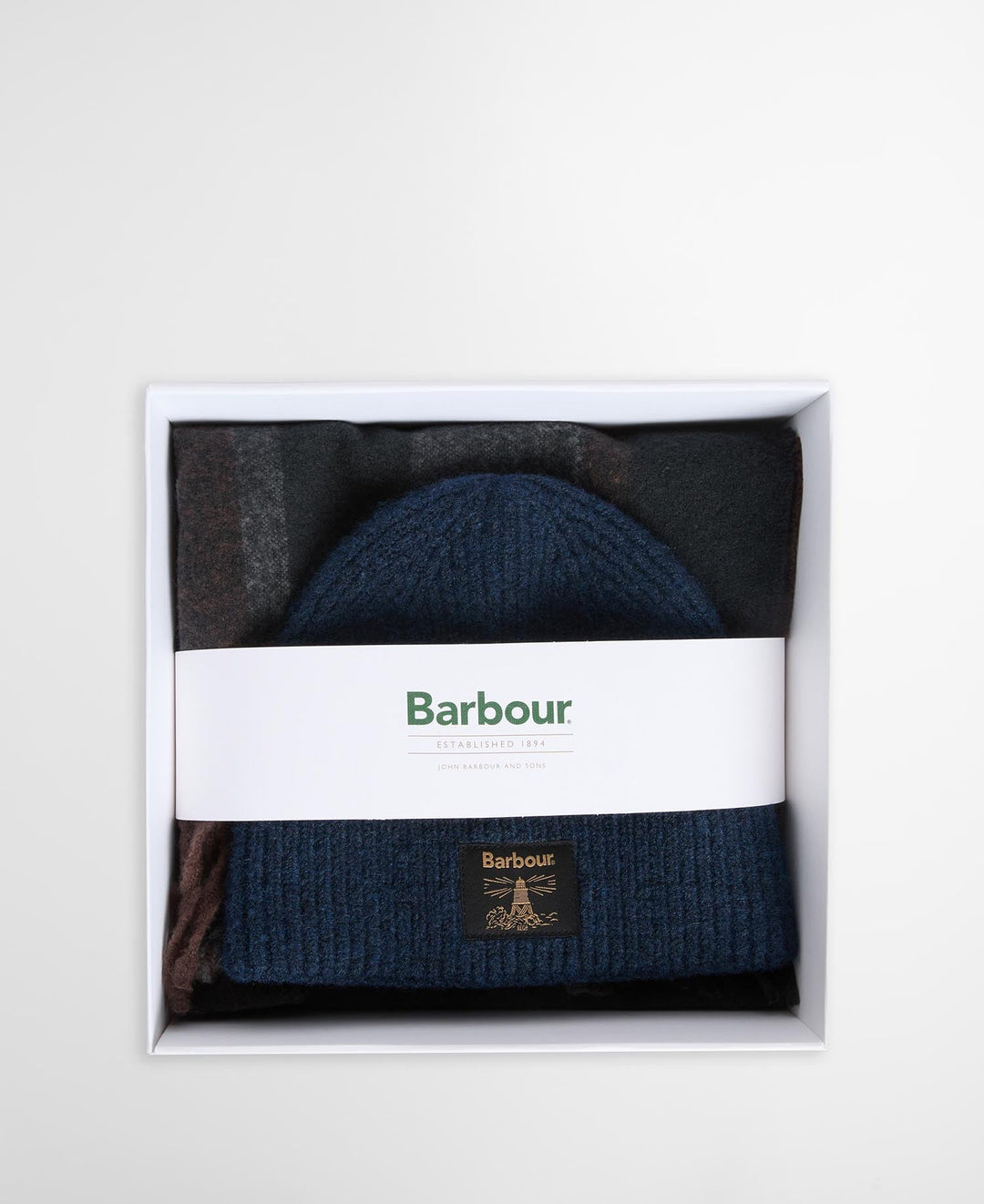 Beanie and plaid scarf set in gift box