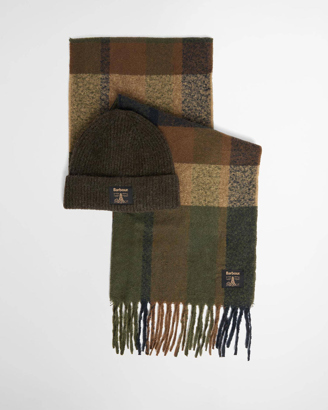 Beanie and scarf set with dark tartan check pattern and fringed scarf ends
