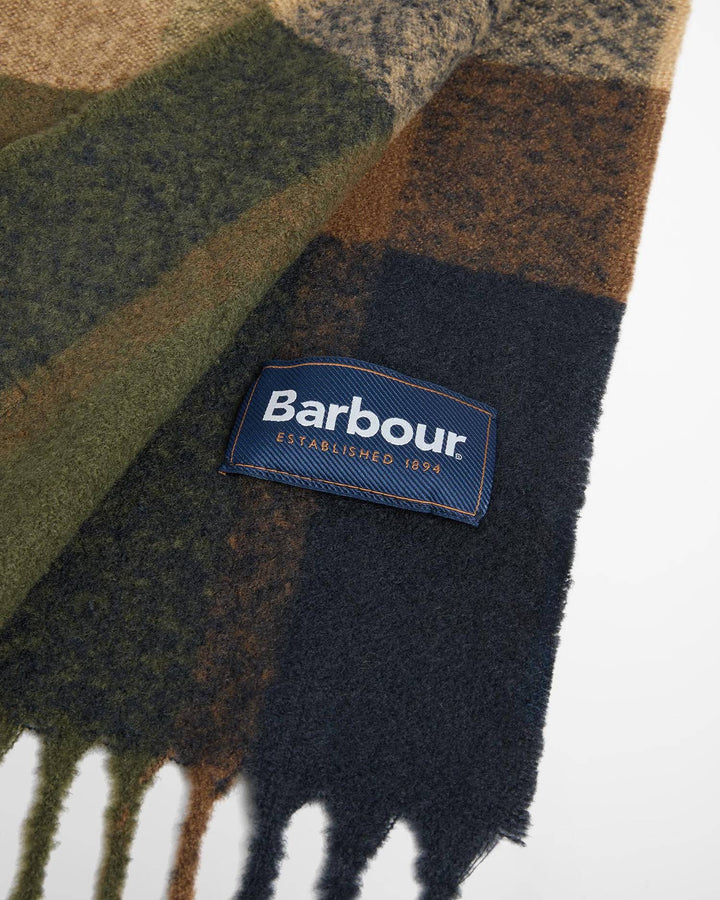 Dark tartan scarf with Barbour patch and short fringed hem