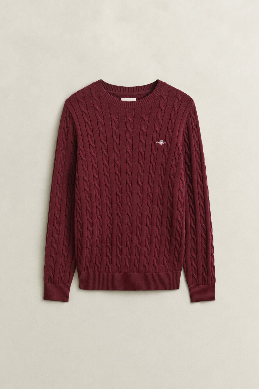 Wine red cable knit crewneck sweater, ribbed hem and cuffs, small embroidered logo