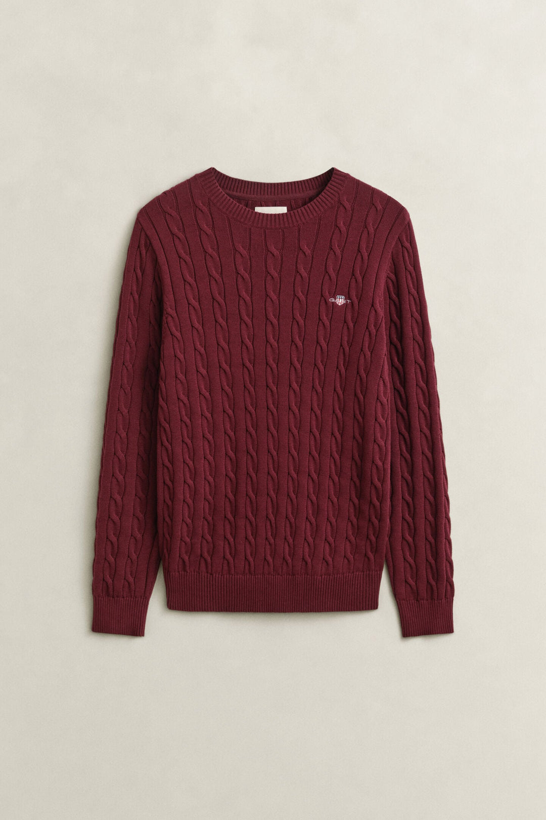 Wine red cable knit crewneck sweater, ribbed hem and cuffs, small embroidered logo