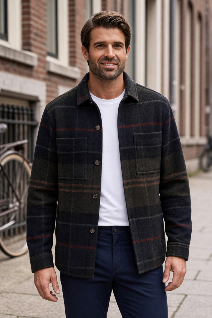 Brushed check overshirt with dark plaid pattern, button front, and spread collar