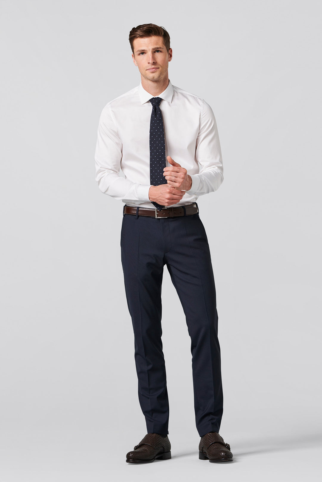 MEYER NAVY STRETCH WAISTBAND WOOL TROUSERS