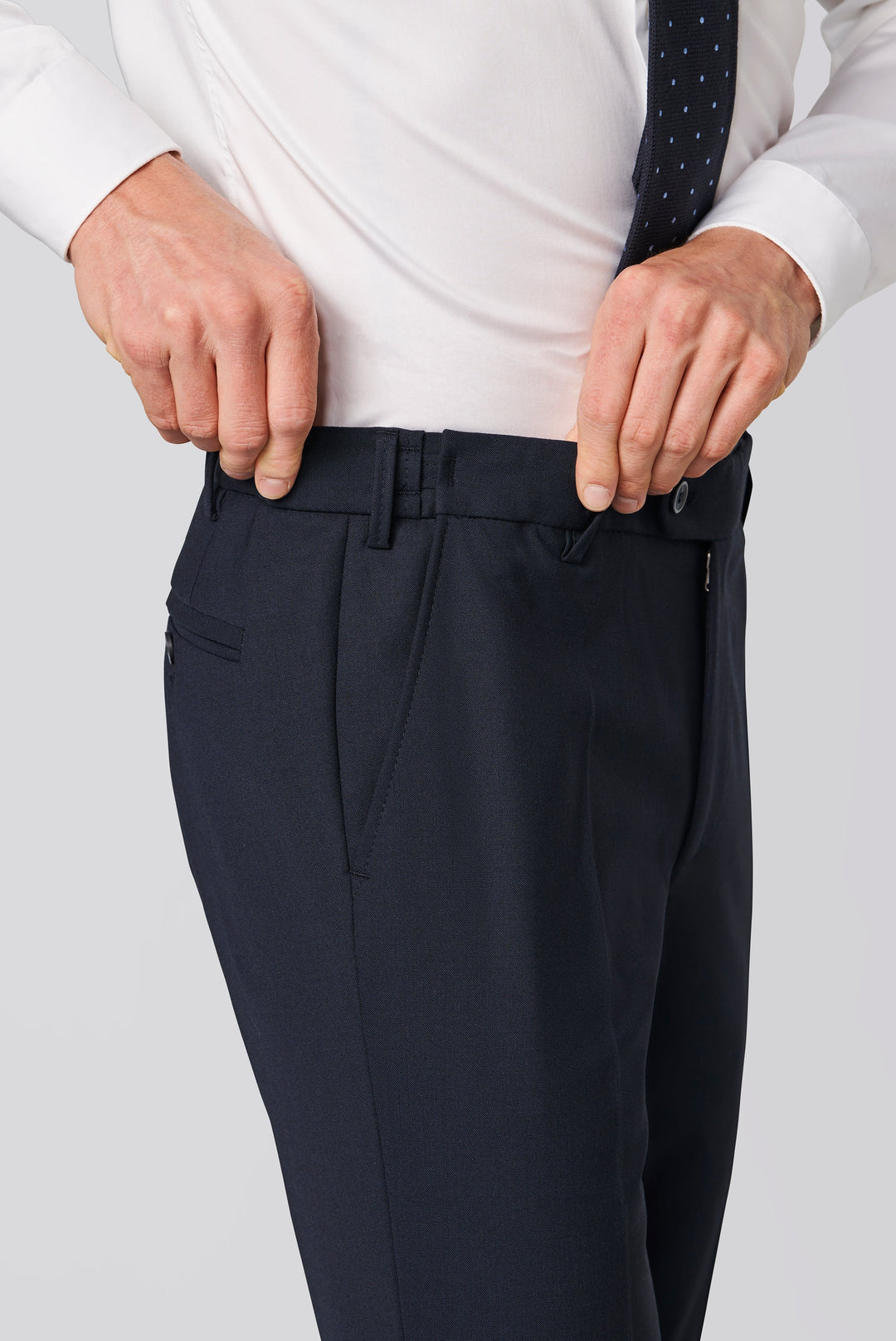 MEYER NAVY STRETCH WAISTBAND WOOL TROUSERS
