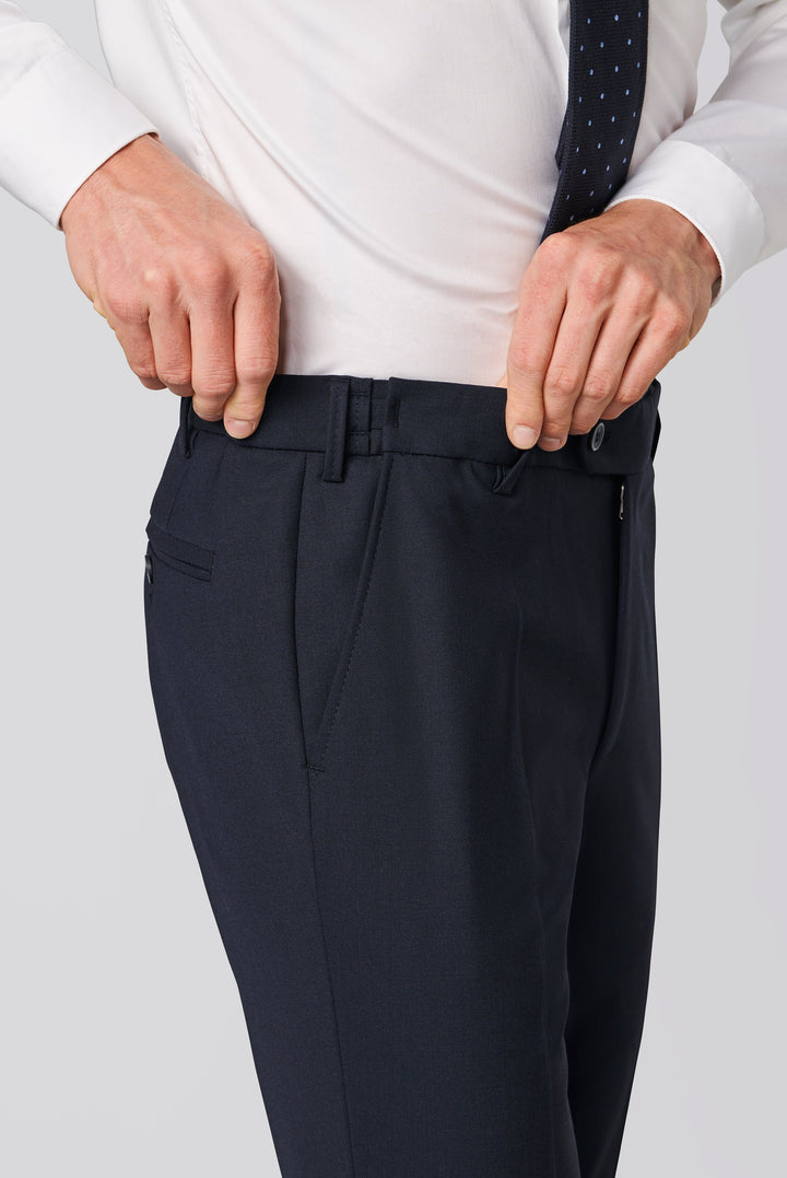 MEYER NAVY STRETCH WAISTBAND WOOL TROUSERS