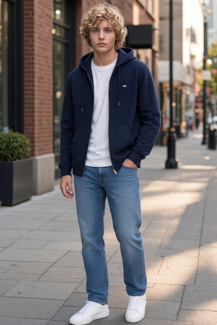 Navy full-zip hoodie with hood, drawstring, front zipper and small chest logo