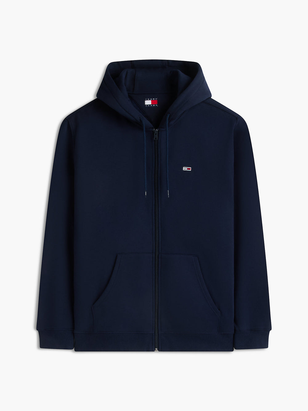 Navy full-zip hooded sweatshirt with drawstring and small chest logo