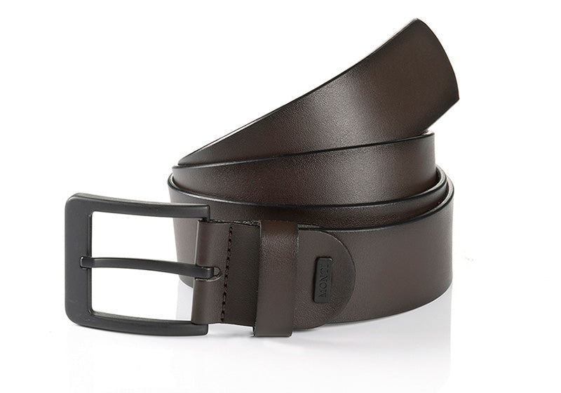 Brown leather belt with rectangular metal buckle and stitched keeper