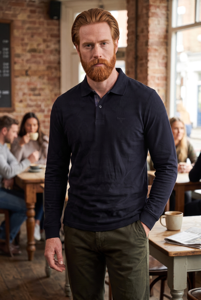 Barbour long-sleeve polo shirt in dark navy with button placket and collar
