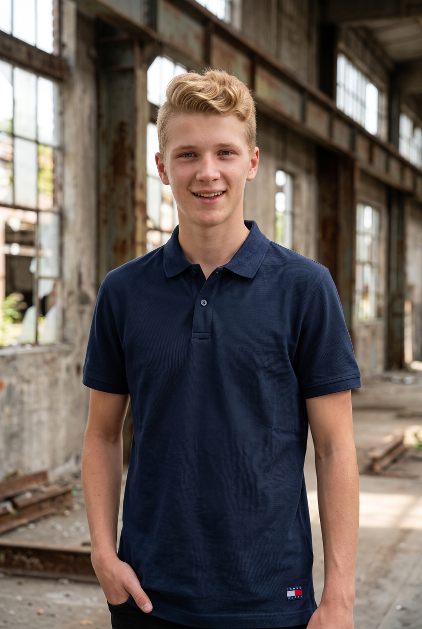 TOMMY JEANS dark blue washed waffle polo shirt with short sleeves and button placket
