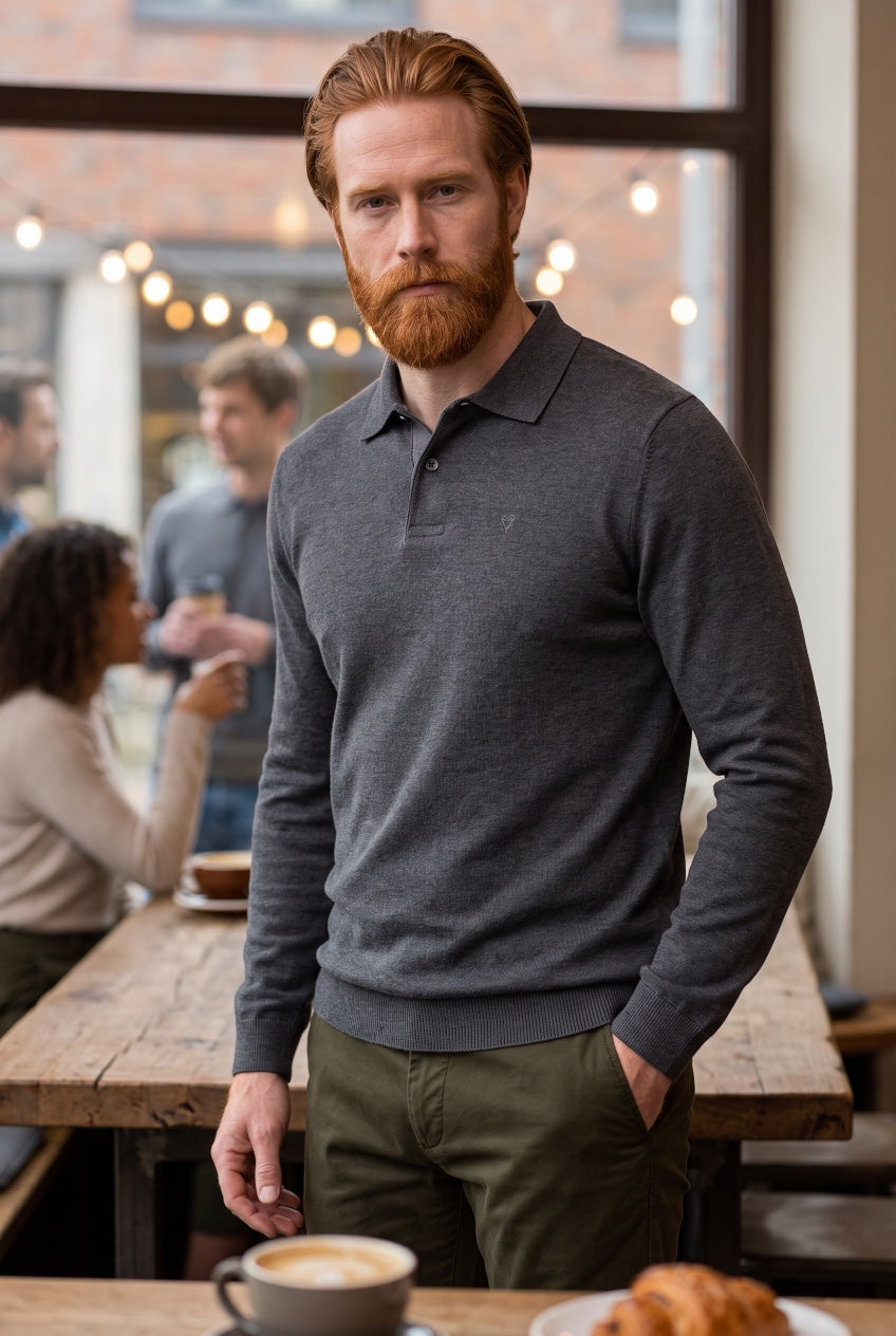 Barbour slate long-sleeve polo shirt in dark gray, ribbed collar and button placket