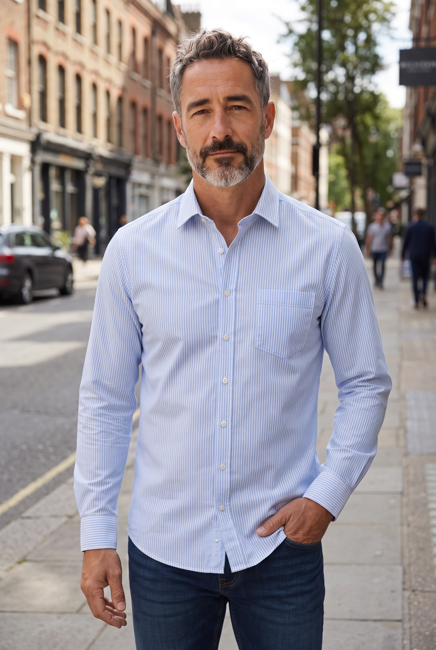 Light blue striped button-up shirt with long sleeves and chest pocket