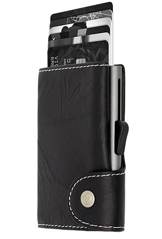 Black textured leather wallet with snap button and card slots