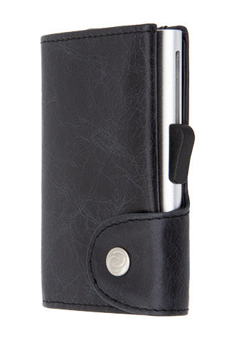 Black leather wallet with card slot and snap button closure, metal insert visible