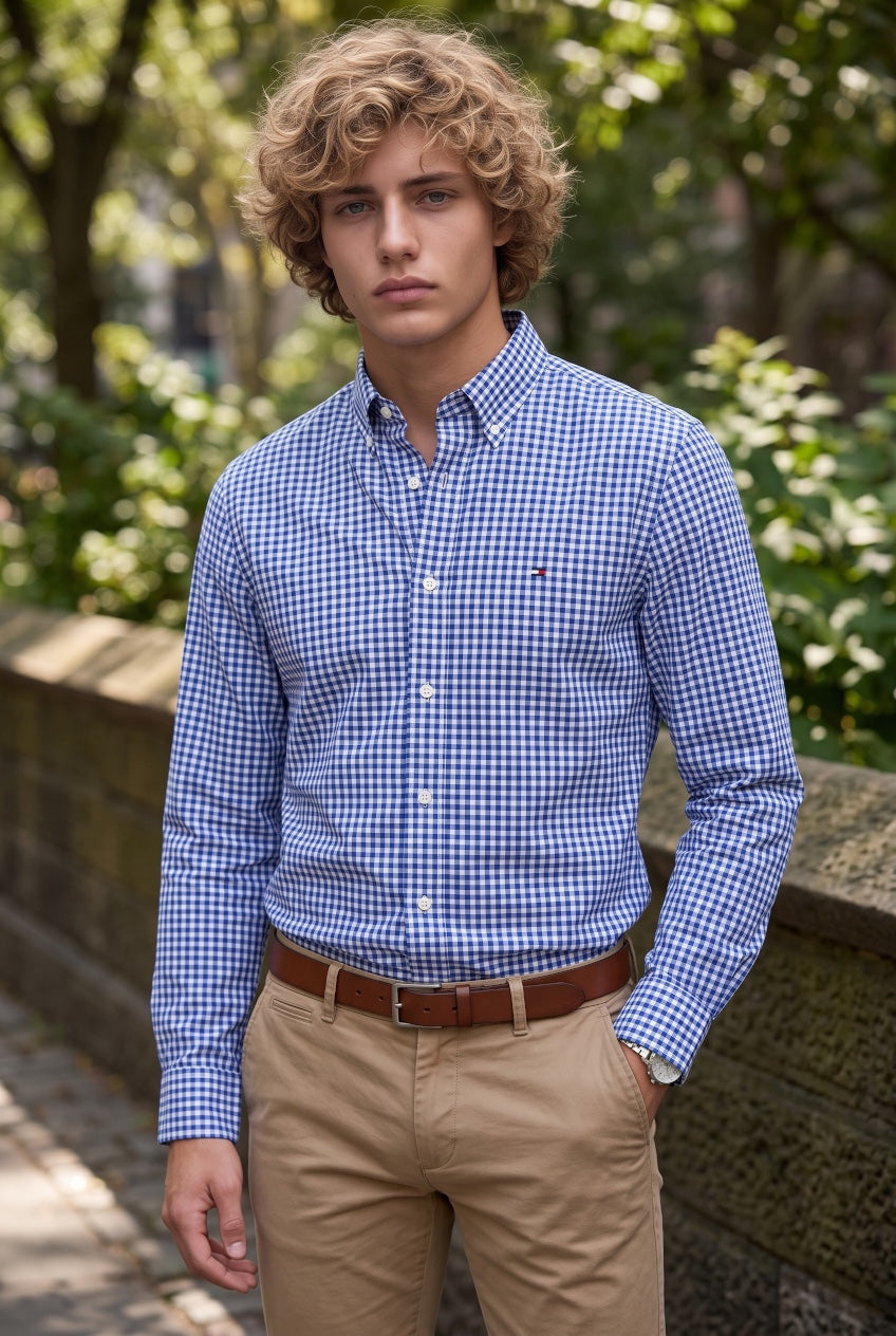 Men's blue gingham poplin button-down shirt, long sleeves, button collar