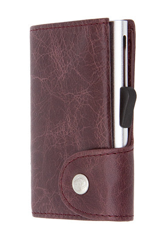 C-SECURE bordeaux leather wallet with snap button and metal card holder