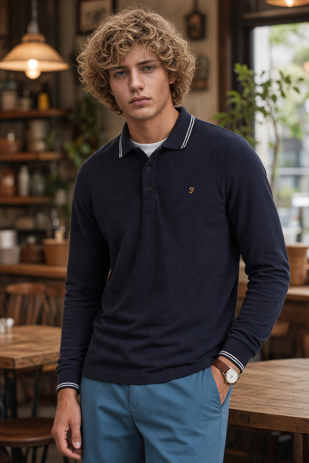 Farah Vintage navy long-sleeve polo shirt with collar and button placket