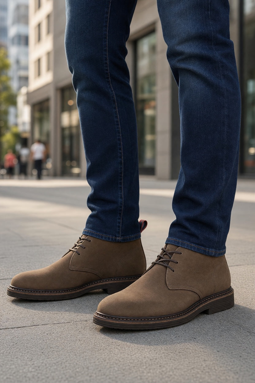 Cedar boot: tan-brown lace-up ankle boot with stitched toe and padded collar