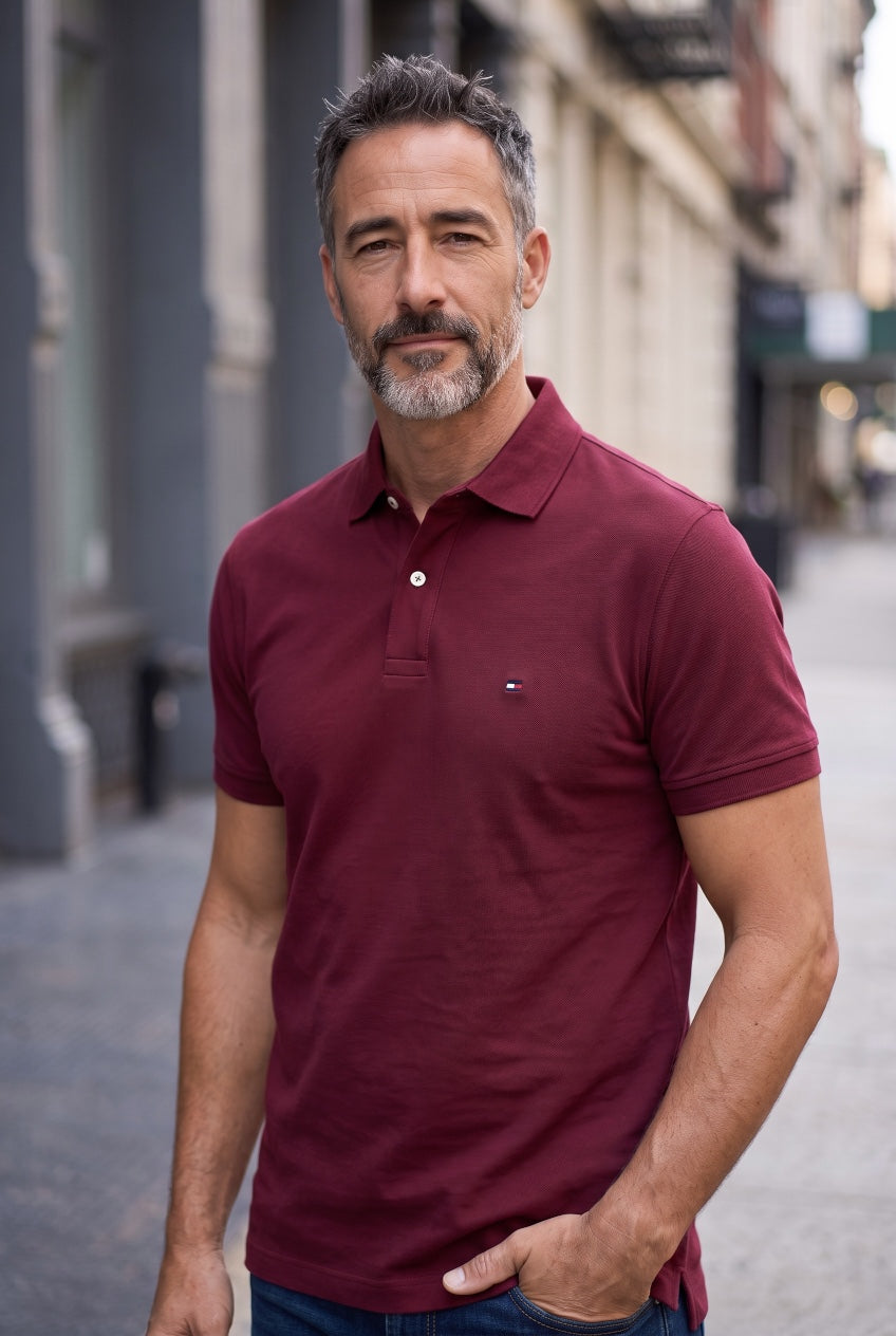 TOMMY HILFIGER  BURGUNDY LIQUID CTN REG SEASONAL POLO