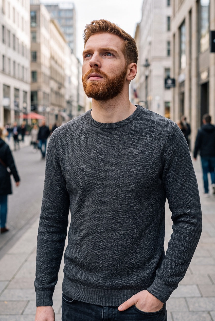 Charcoal crewneck sweater with long sleeves