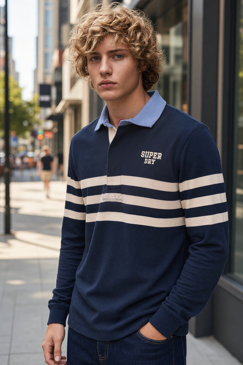 Navy rugby sweatshirt with white chestband stripes, collared neckline, and chest logo