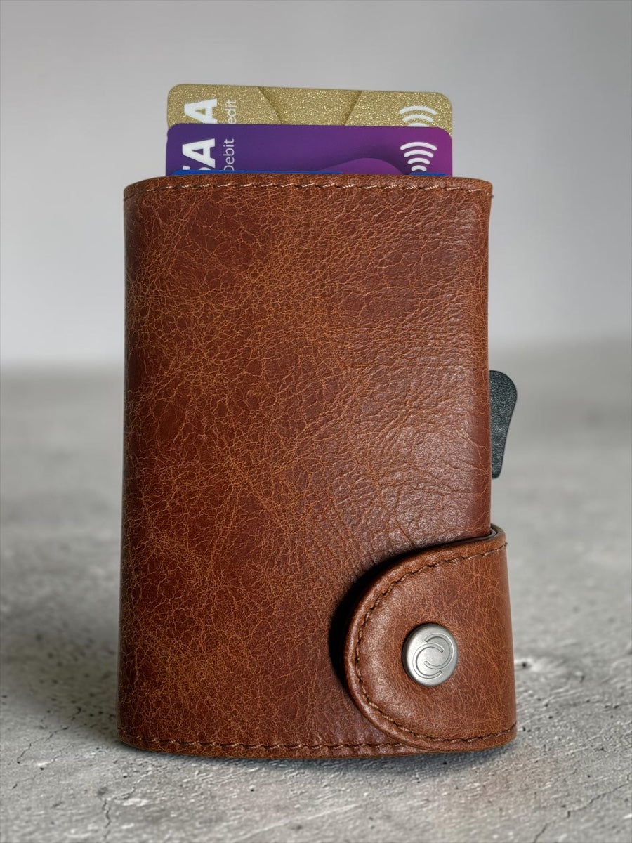 C-SECURE cognac leather wallet with front snap button and card slot