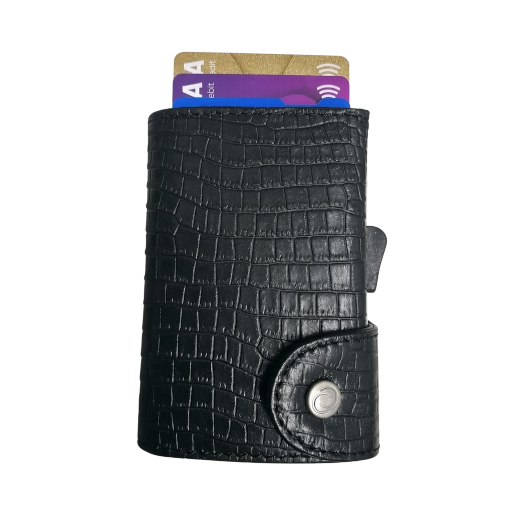 Black croc-embossed wallet with snap button front