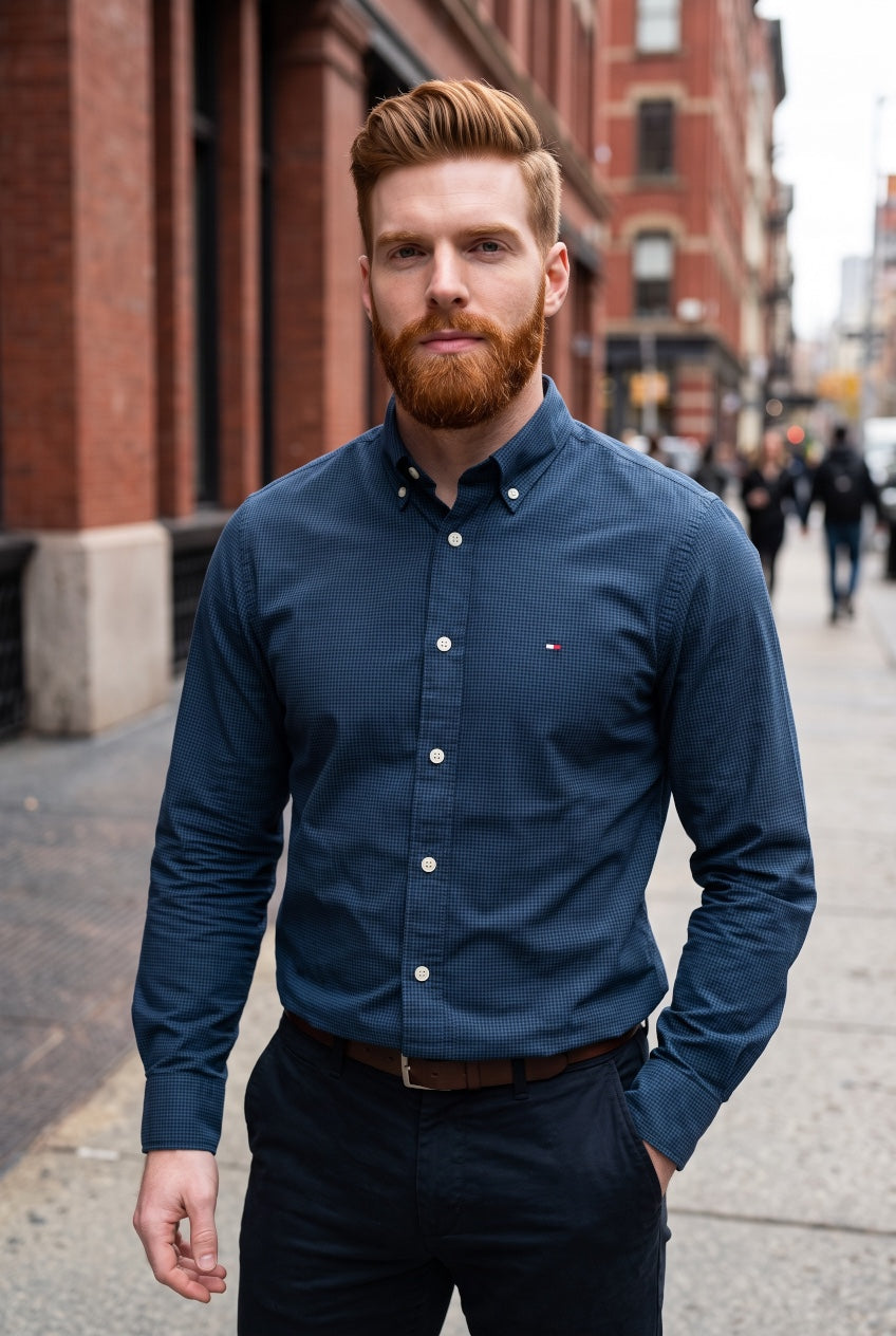 Navy TOMMY HILFIGER dobby button-up shirt with button-down collar and chest logo