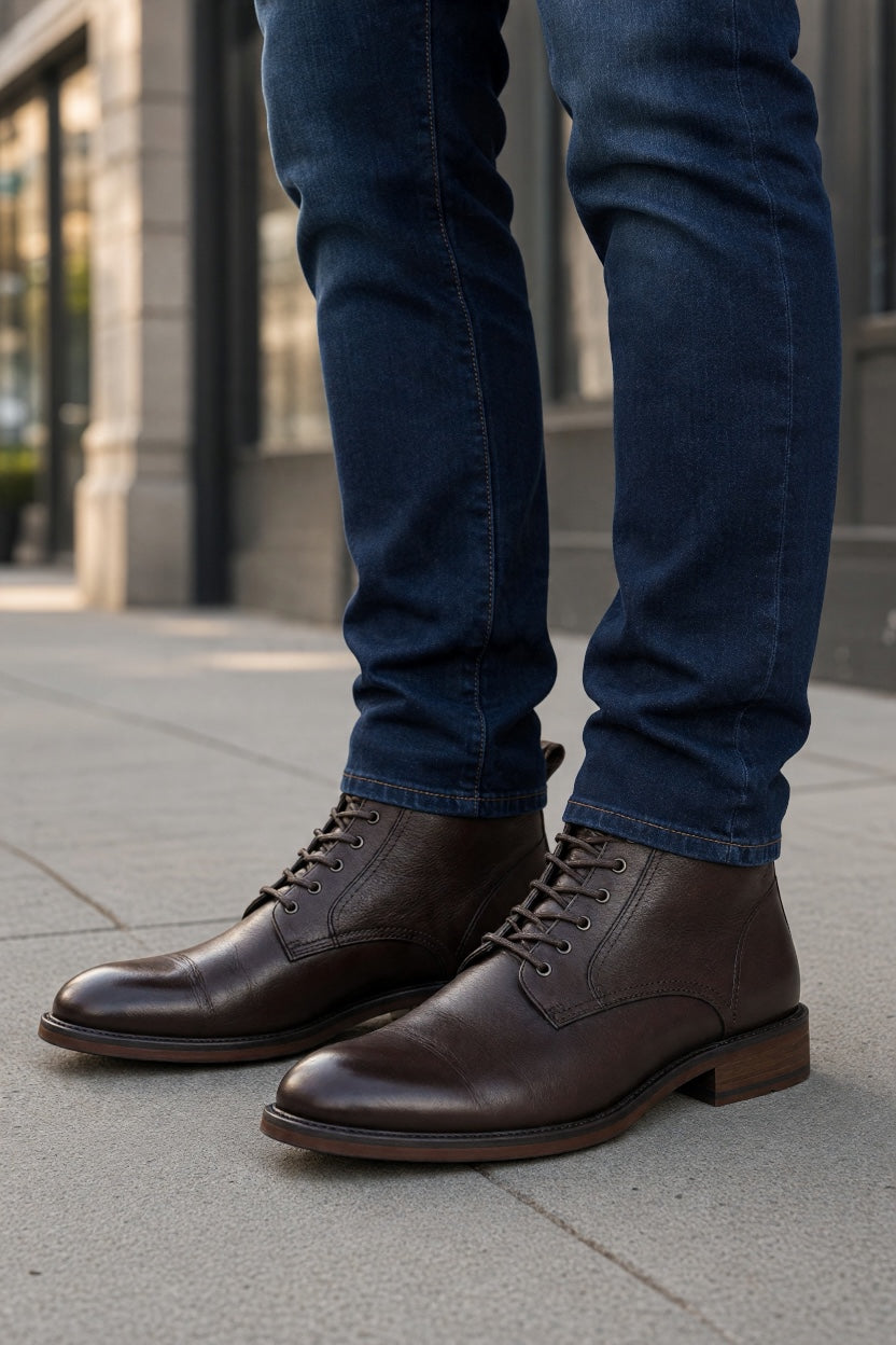 Chestnut leather lace-up boots with rounded toe and low stacked heel