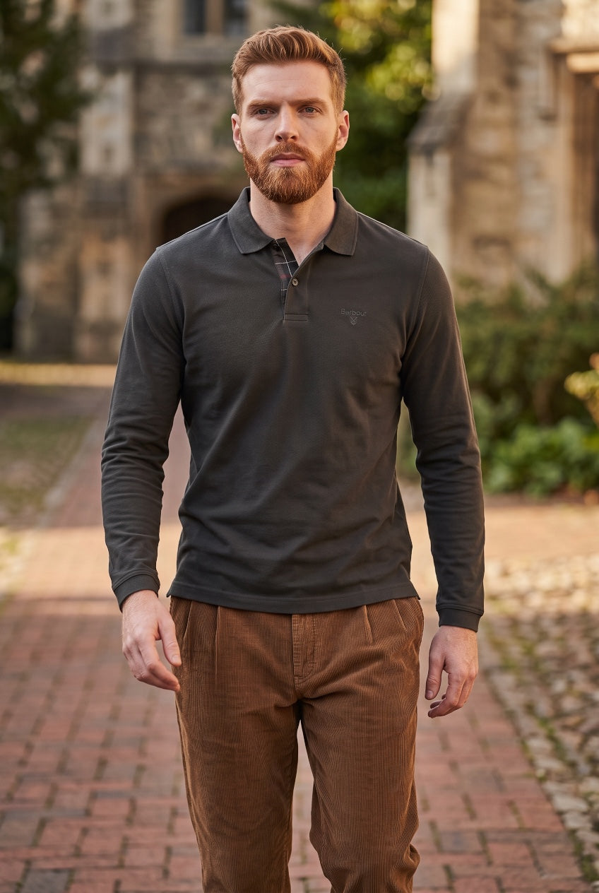Barbour long-sleeve polo shirt, dark charcoal pique knit with button placket