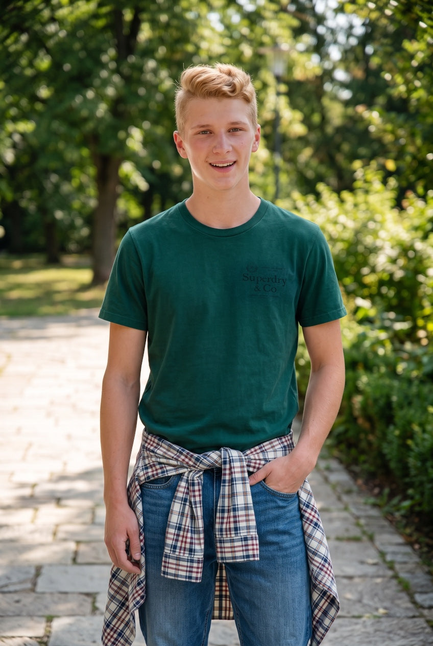 Superdry 1954 relaxed tee, dark green crewneck T-shirt with small chest logo
