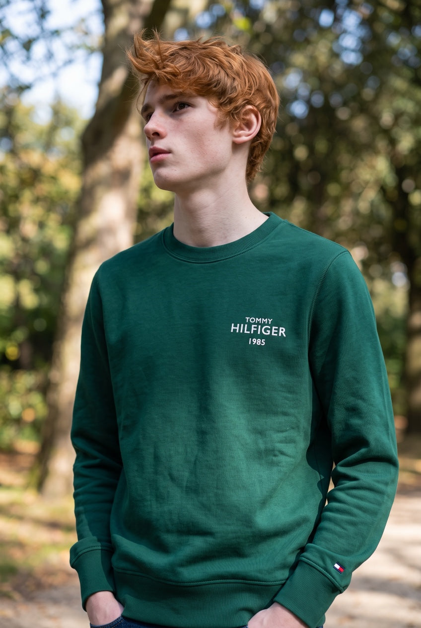 Men's green Tommy Hilfiger 1985 crewneck sweatshirt, small chest logo