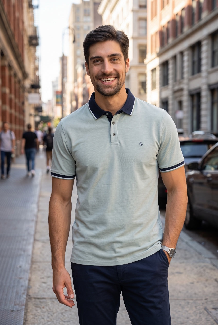 CASA MODA green short-sleeve polo shirt with navy collar trim and button placket