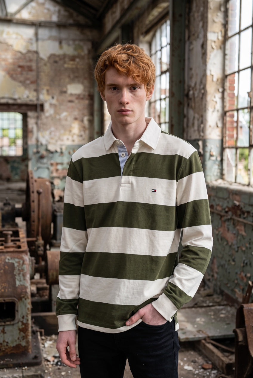 TOMMY HILFIGER  GREEN/IVORY ESS STRIPPED RUGBY SHIRT