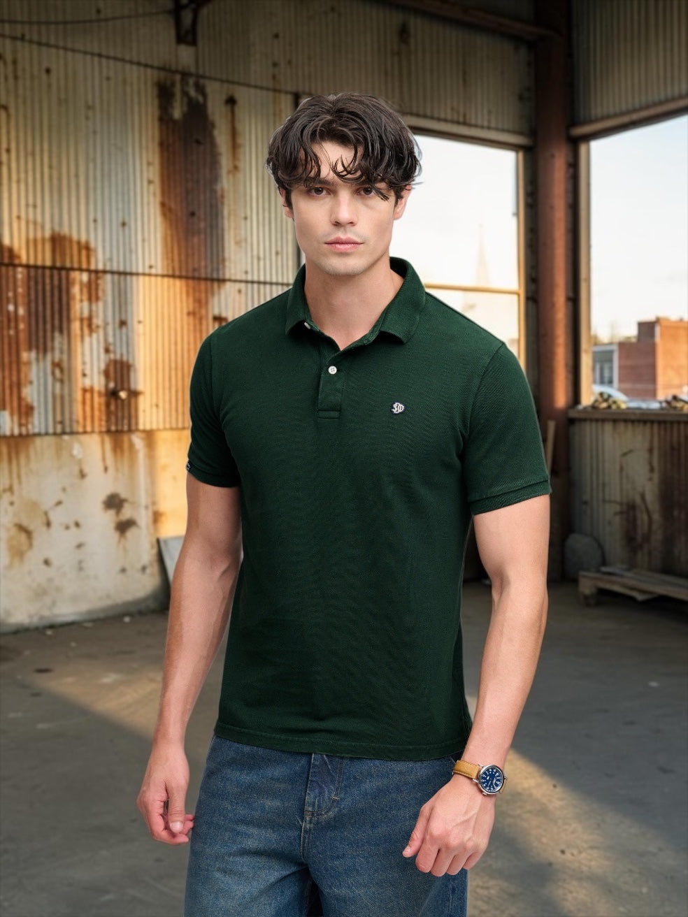Green vintage destroy polo shirt with button placket and short sleeves