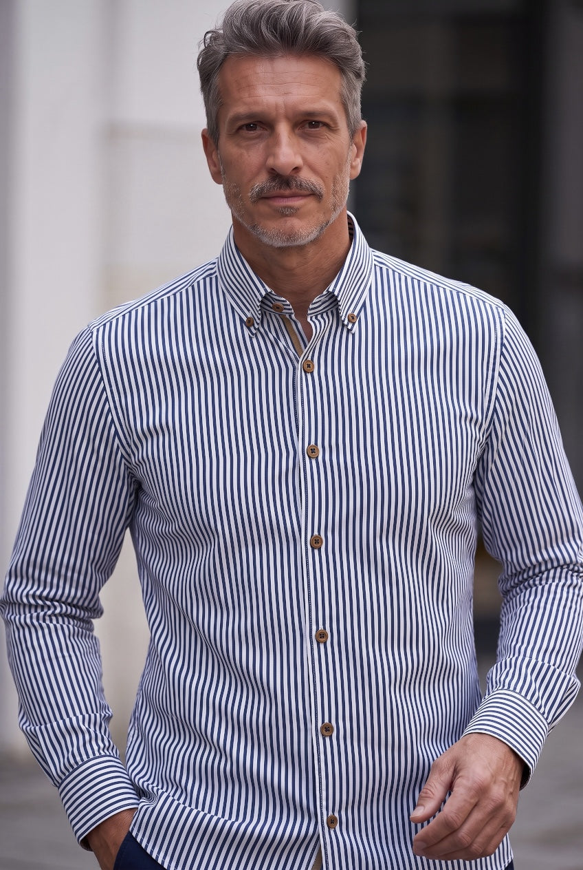 BUGATTI men's button-up dress shirt in navy and white vertical stripes, button front, long sleeves