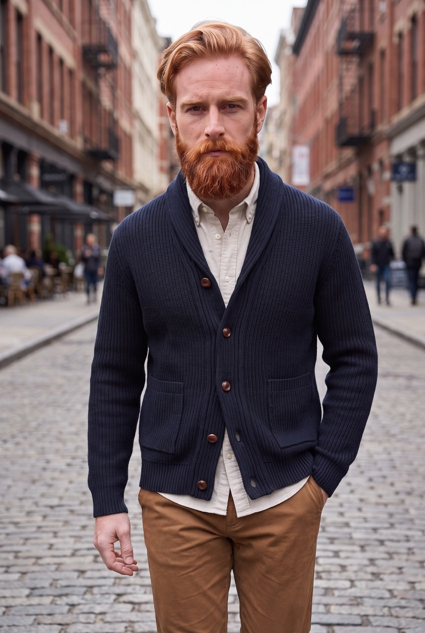 BARBOUR NAVY HARTLAND KNITTED SHAWL NECK SWEATER