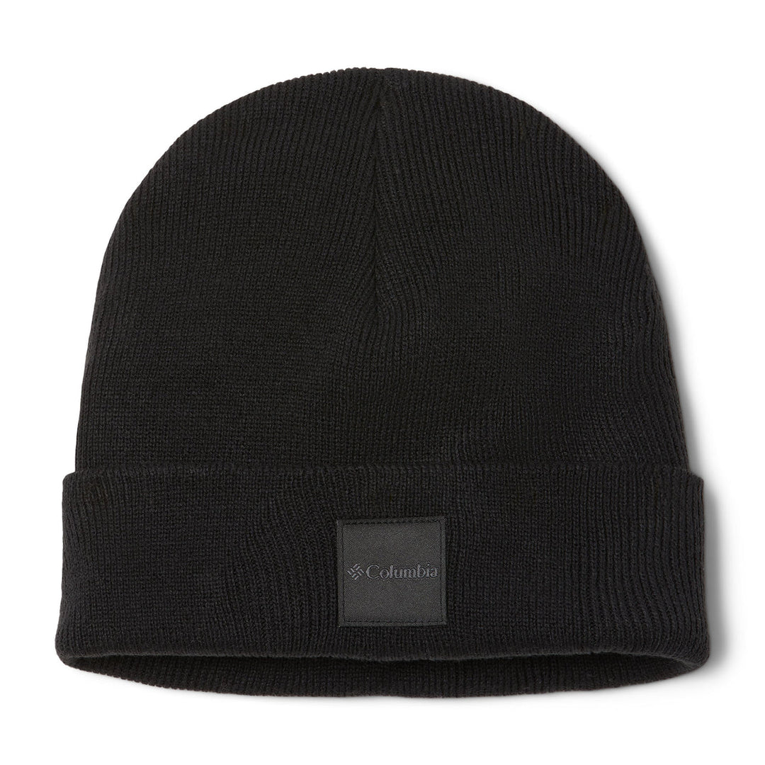 Black heavyweight knit beanie hat with folded cuff and COLUMBIA logo patch