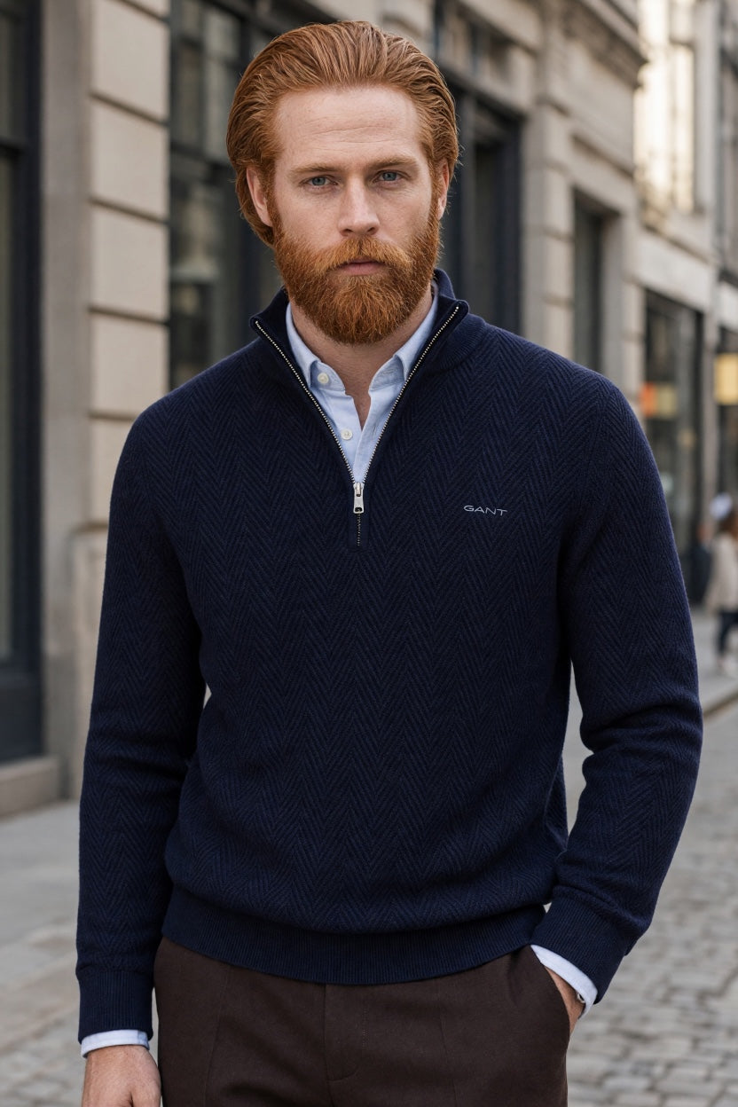 GANT navy herringbone 1/2-zip knit sweater with half zipper and logo