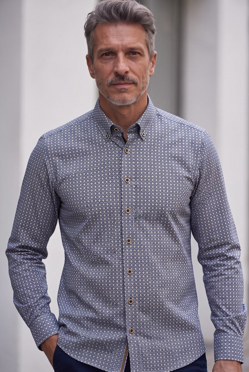 Navy print button-up shirt with long sleeves and button front